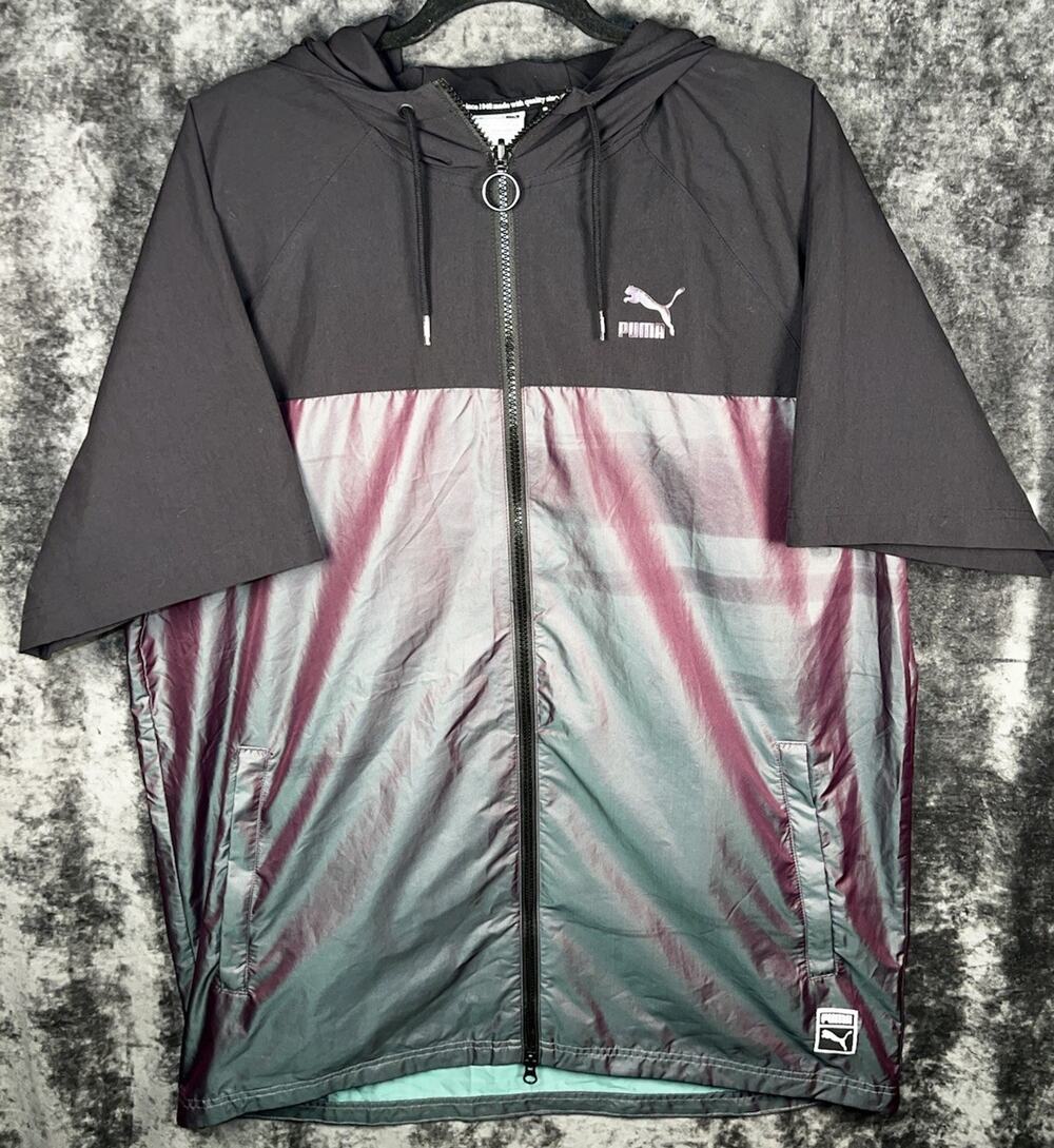 Puma Mens XL Iridescent Windbreaker Jacket Black Teal Purple Hooded Full Zip